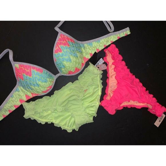 Victoria's Secret 32B BIKINI ruffled CHEVRON CROCHET palm NEON TELLOW PINK green - Picture 1 of 5